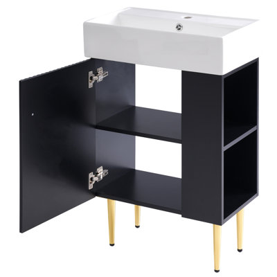 Meuble-lavabo noir 21,6 po, armoire combinée, meuble de rangement pour salle de bain, lavabo simple en céramique, rangement à droite