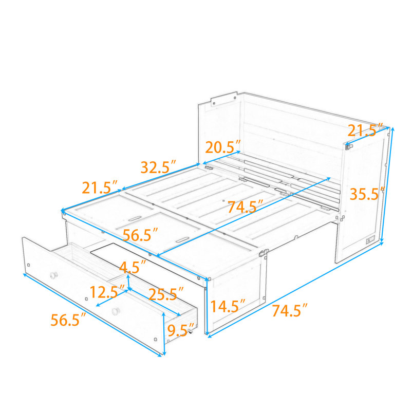Lit escamotable double en bois avec conception peu encombrante, Gris, Double