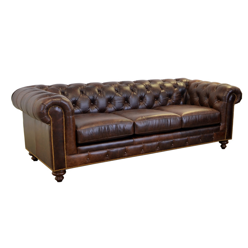 Sirvon 95" Genuine Leather Rolled Arm Chesterfield Sofa, Brompton Brown Genuine Leather