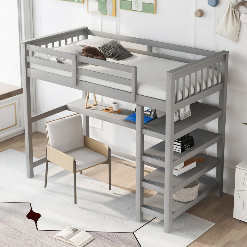 Lit mezzanine avec tablettes de rangement et bureau sous le lit, Gris, Lit simple