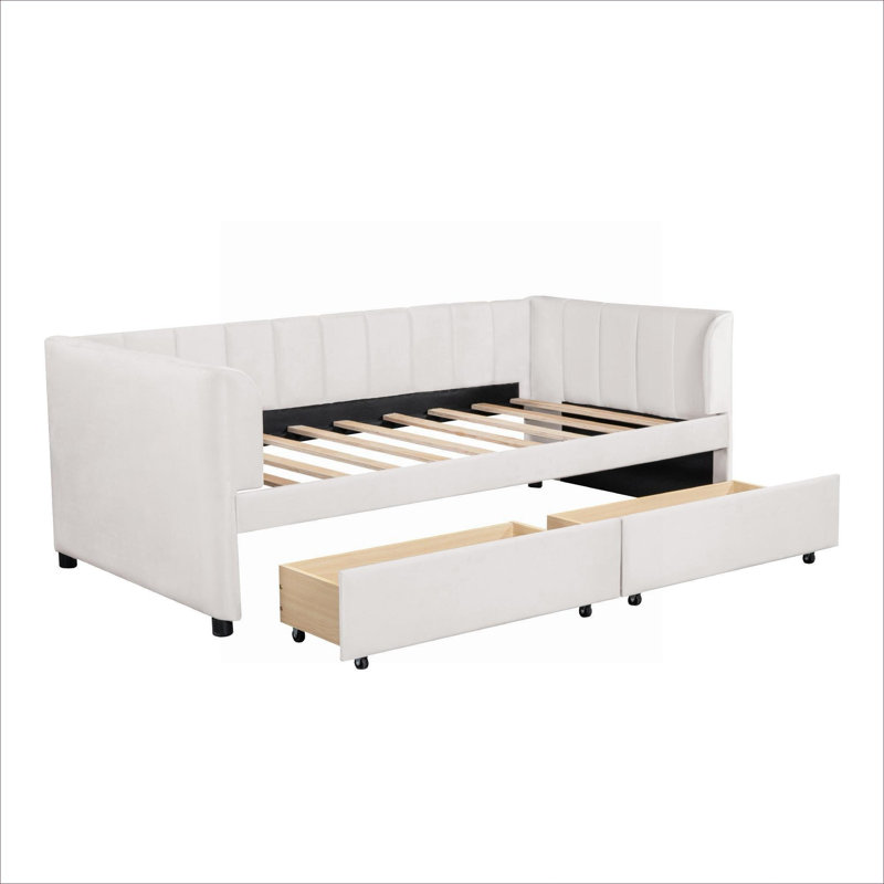 Classic Striped Silhouette Twin Size Upholstered Platform Daybed With 2 Storage Drawers, Beige-Toned Velvet
