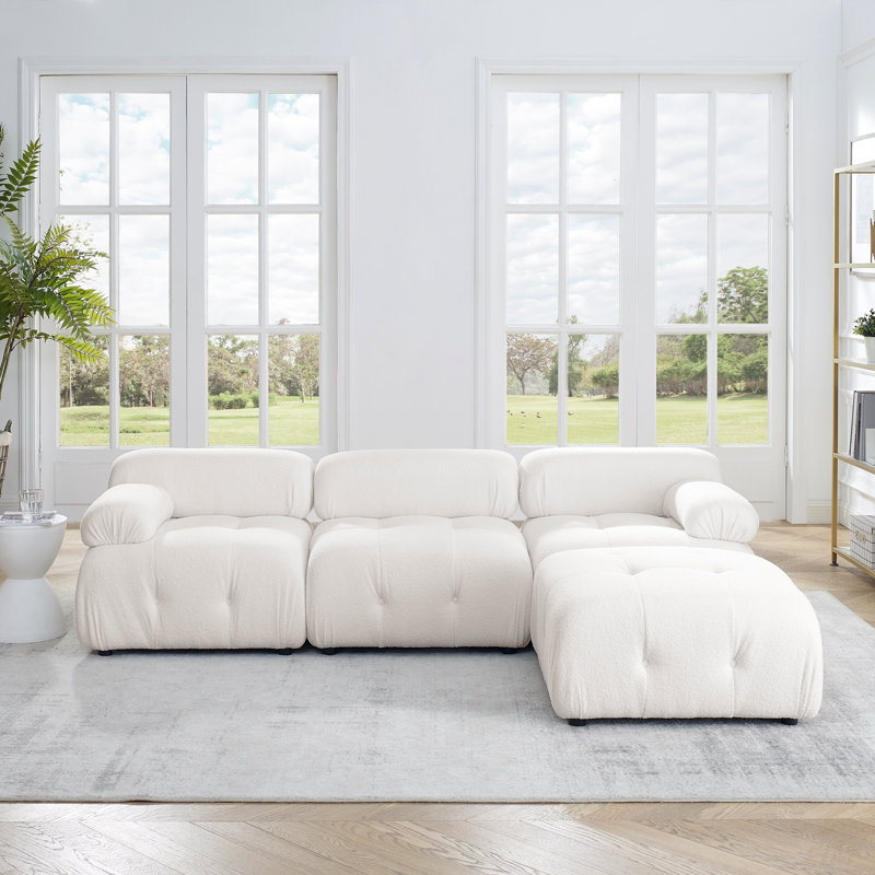 Canapé modulaire modulaire, capitonné à boutons et bricolage, canapé en forme de L avec repose-pieds réversible, Tissu ivoire