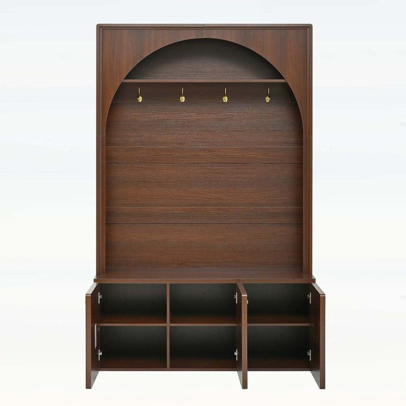 Farmhouse All-in-One Hall Tree with Adjustable Shelves,Storage Bench,Wooden Coat Rack Organizer, Walnut