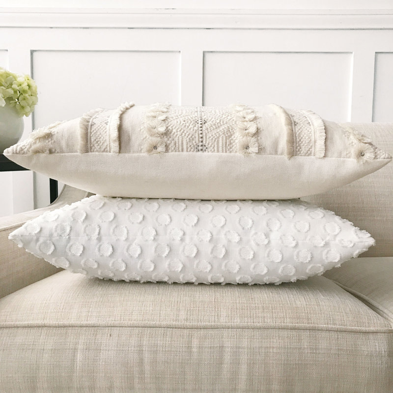 Lilla Polkadot Square Cotton Linen Pillow with Feather Insert