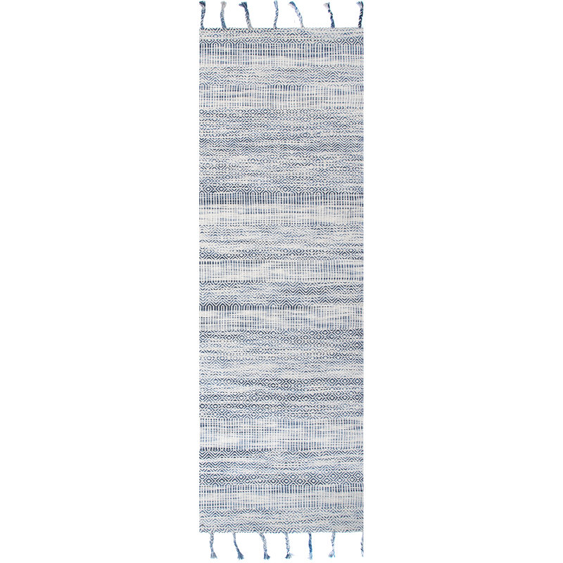 Tapis bleu en coton géométrique crocheté à la main, Tapis de couloir 2 pi x 6 pi
