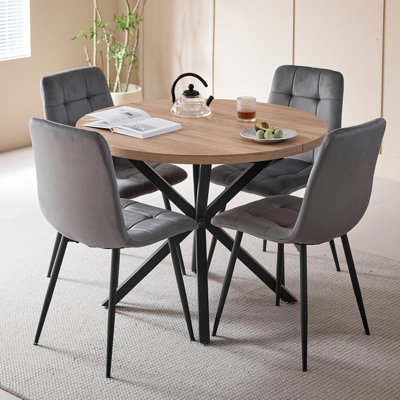 4 - Person Dining Set - Nordic Round Dining Table Set With 4 Upholstered Chairs - Metal Legs