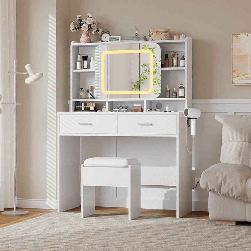 Modern Makeup Vanity with LED Mirror, USB Outlets, 2 Drawers & Stool, White