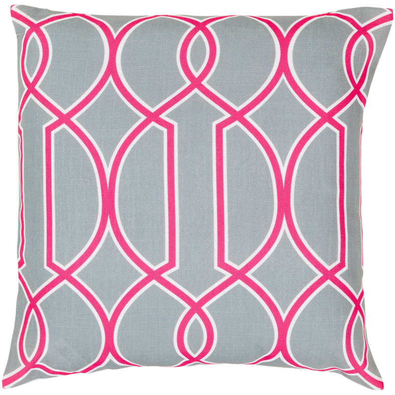 Geometric Throw Pillow, 22" H x 22" W x 4" D, Silvered Gray / White / Bright Pink, Down