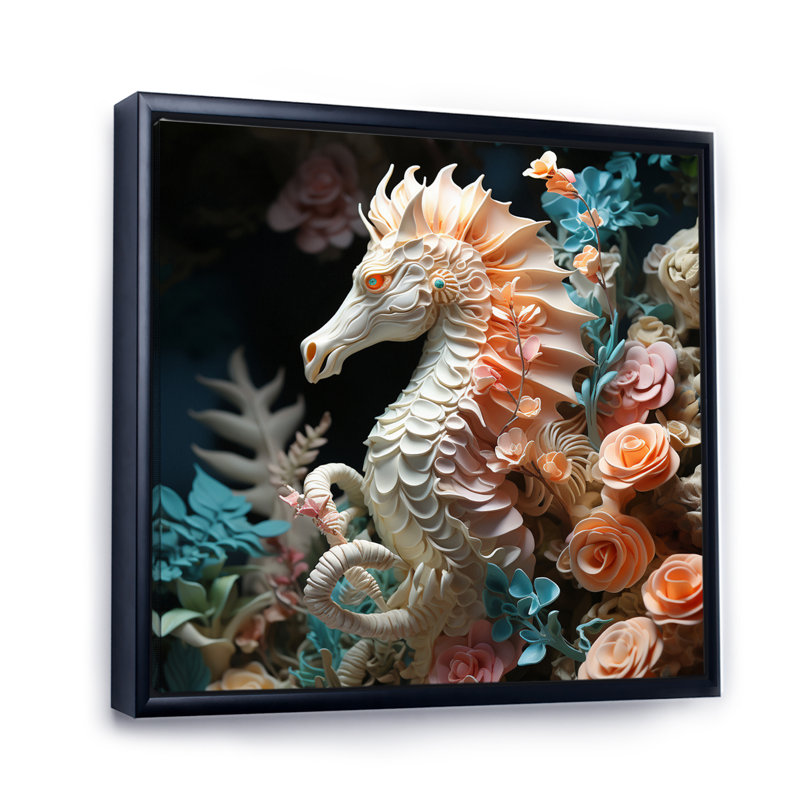 Hippocampe avec sanctuaire de fleurs - impression, Cadre flottant noir, H 36 po x l 36 po x P 1,5 po