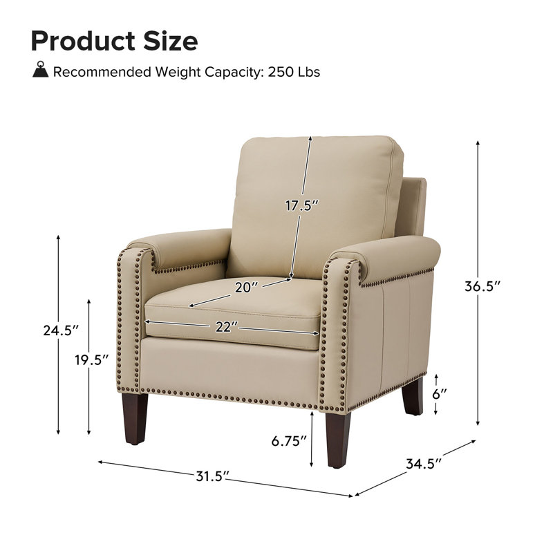Fauteuil club en cuir véritable de 31,5 po de largeur avec pieds en bois massif Pascarella, Beige