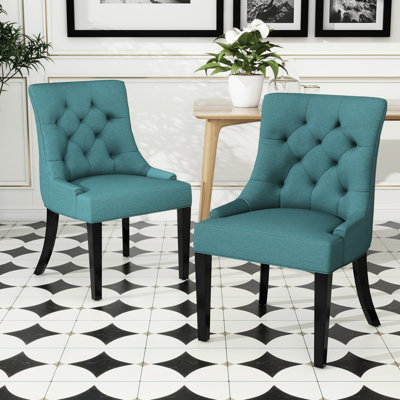 2 Contemporary Dining Chairs - , Sloped , Seat, Dark Brown Wood Legs, Teal Of Modern Fabric Upholstery, Birch Color