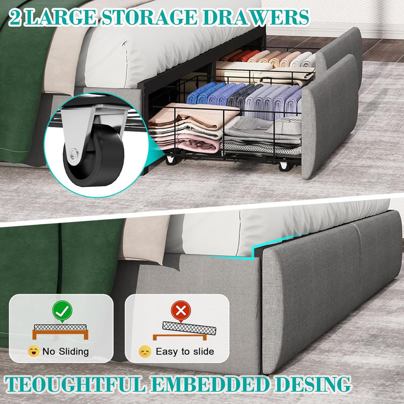 Queen Size Bed Frame with Headboard and 2 Storage Drawers, Upholstered Bed Built-In LED Lights and Charging Station, Queen