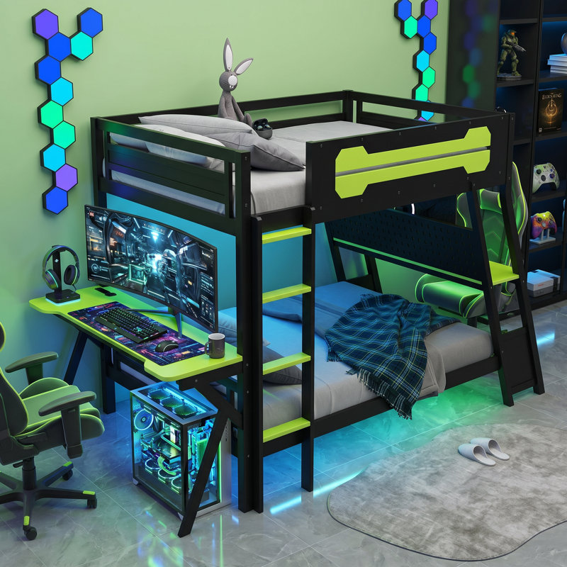 Lit superposé en bois avec bureaux double et panneau perforé de 57,3 po x P 107,3 po x H 65 po E-Sports Collection