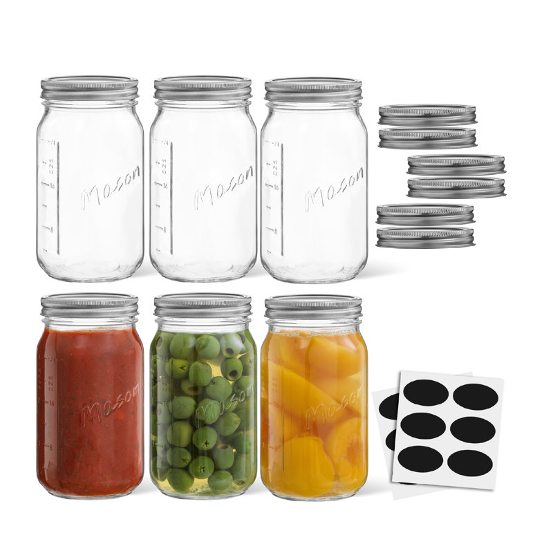 Pots Mason à large ouverture avec couvercles, étiquettes et mesures hermétiques Brightware - 32 oz - ensemble de 6