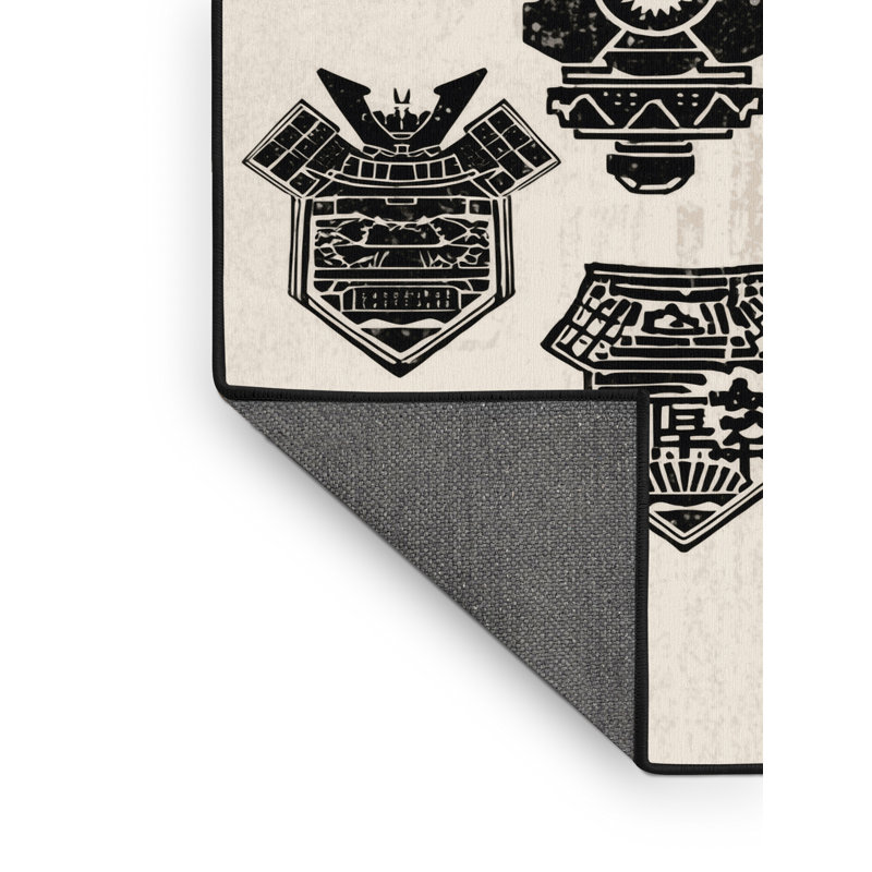 Soft Plush Athanas Samurai Banner Crests Traditional Block Print Area Rug in Beige – Black Binding, 8x12