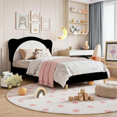 Lit d'enfant une place, tête de lit semi-circulaire bicolore, lit plateforme capitonné moderne pour chambre de fille ou de garçon, panneau décoratif en polaire douce, sommier non requis, noir et blanc