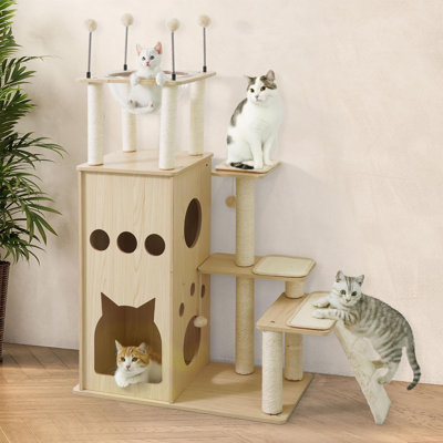 Arbre à chat de 53 pouces à plusieurs niveaux avec grotte de chat et capsule d'espace, tour de chat en bois pour chats d'intérieur avec poteaux à griffer, coussin amovible, coussinets en sisal, rampe