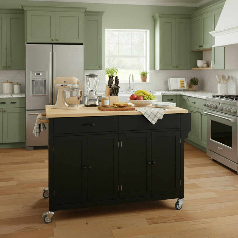 Medium Size Kitchen Island Cart With Solid Wood Top, Black