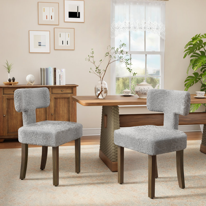 Modern T-Backrest Lambswool Fabric Upholstered Dining Chairs (Set of 2), Gray