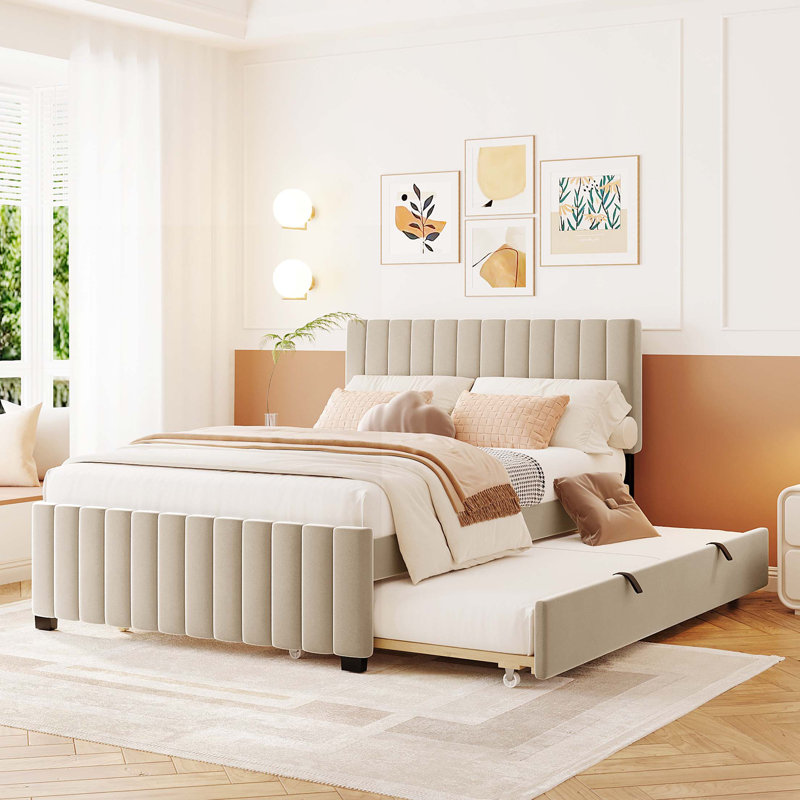 Velvet Upholstered Platform Bed with Trundle, Beige, Full/Double