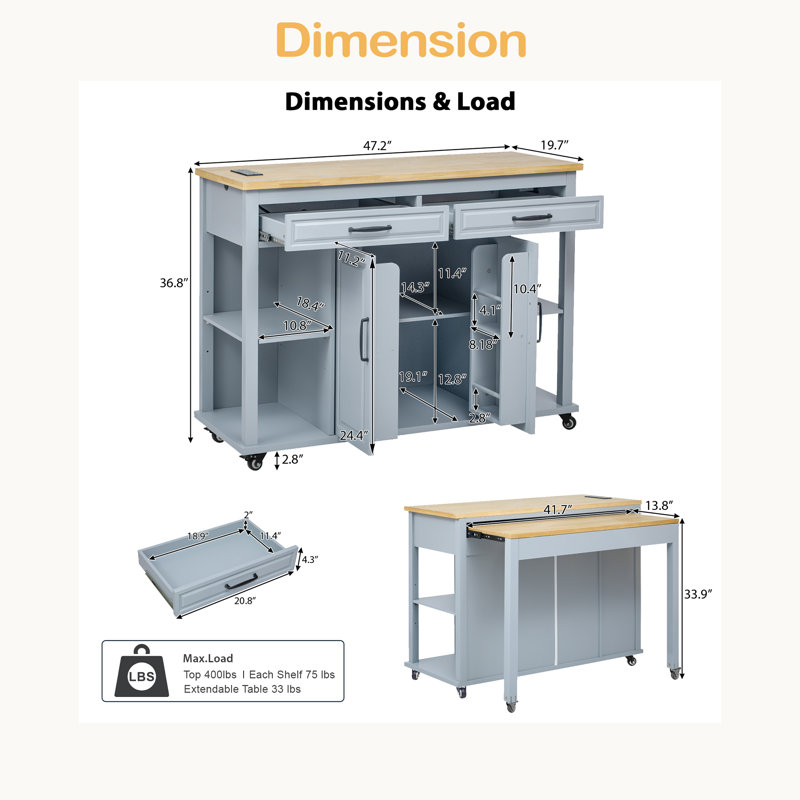 47 Inch Kitchen Island With Extendable Dining Table, Rubber Wood Veneer Kitchen Table With Internal Storage Rack, Blue