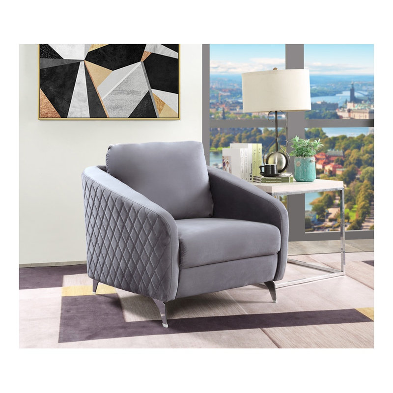 Fauteuil d'appoint moderne Sofia 36 po en velours gris avec pieds chromés et surpiqûres en losange, Grey Velvet