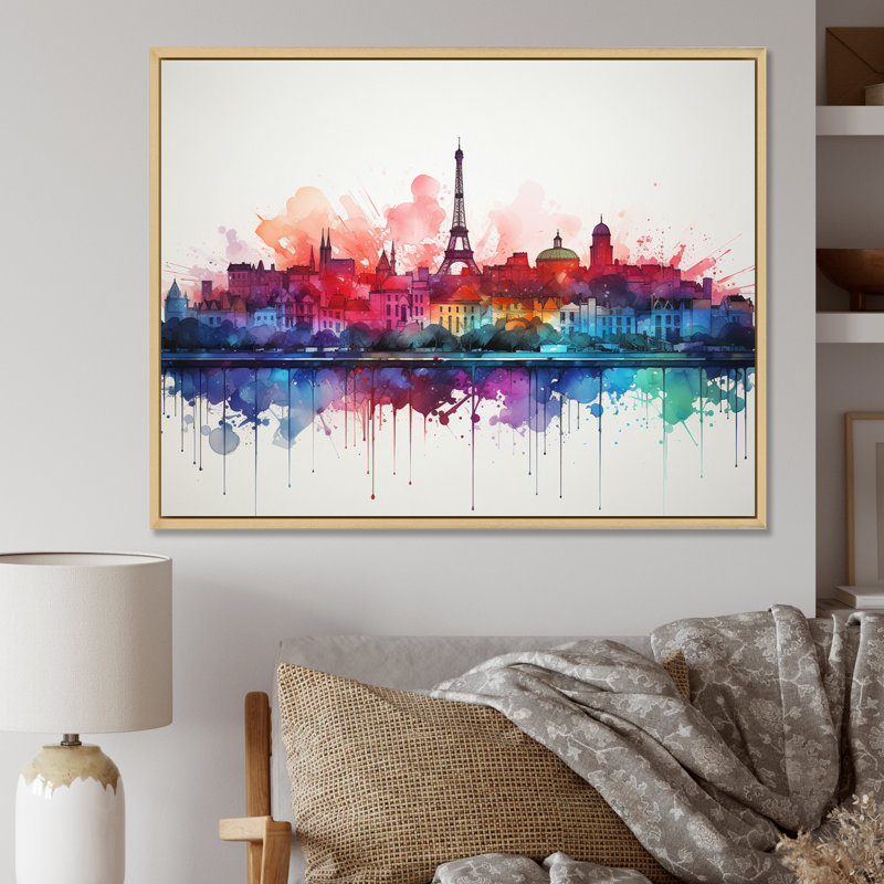 «Paris Skyline Eiffel Tower Vibrant Watercolor», reproduction sur toile, Cadre naturel flottant, 12" H x 20" W
