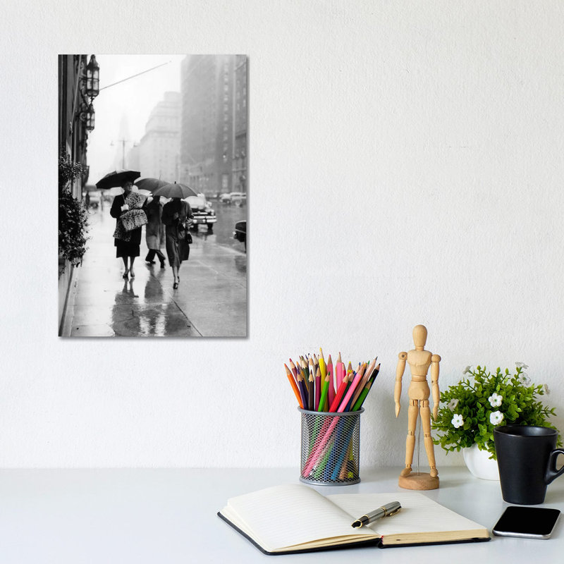 1950s Fashionable Woman Wearing Leopard Skin Muff and Stole Walking Down Rainy City Street 1 Piece Wrapped Canvas Wall Art