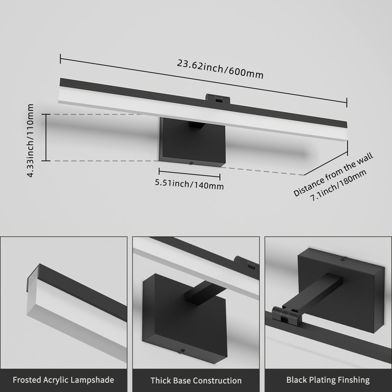 1-Light LED Bath Bar Vanity Light, Black, 23.62" Width, 5500 Kelvin