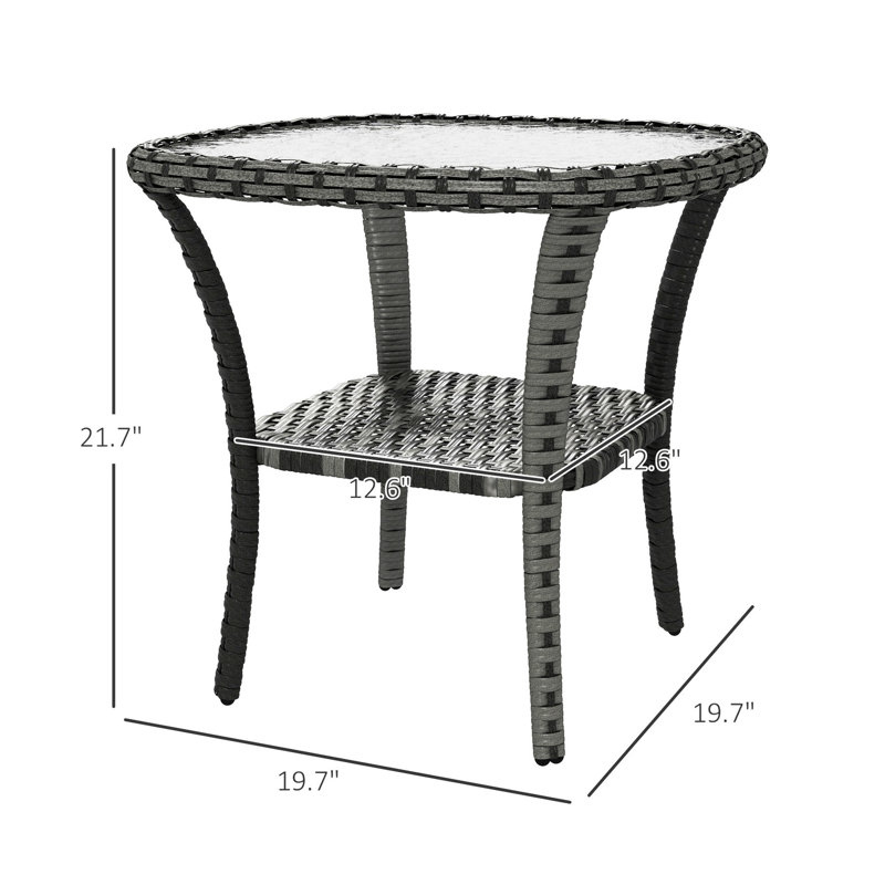 End Table With Storage Element, Coffee Glass Top For Outdoor Areas. Mix Gray Garden, Porch, Backyard Table, All-weather, , 19.7"l X 19.7"w 21.7"h, 110 Lbs Max Load, Assembly Required Storage, Side