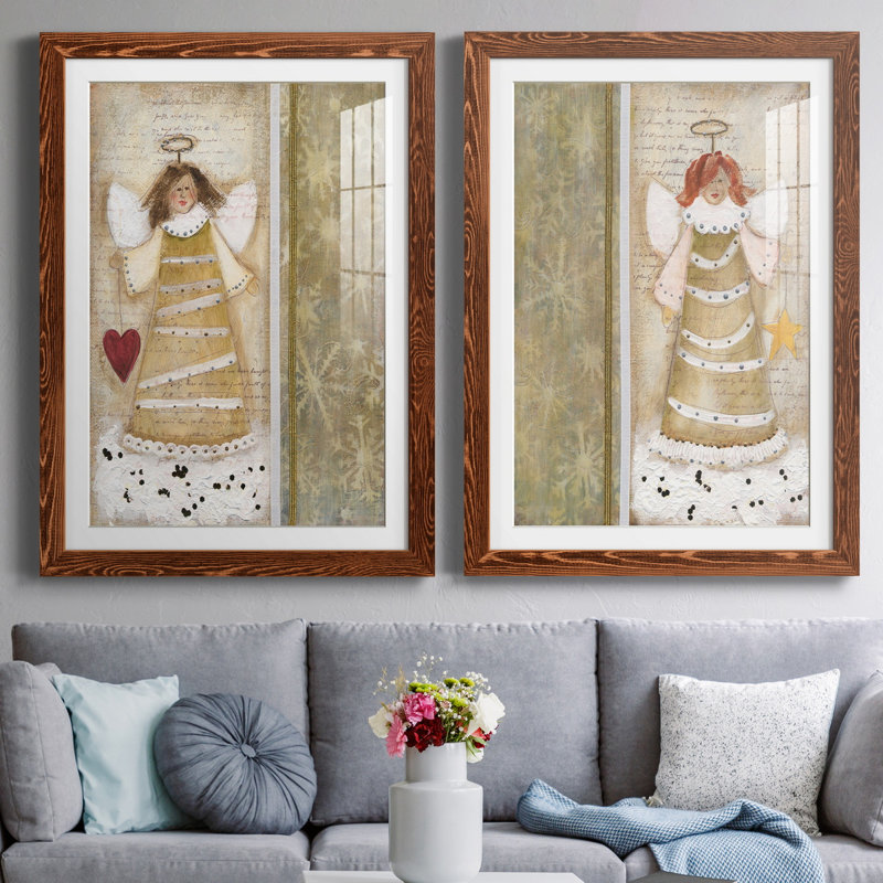 «Cloud Angel with Heart», ensemble de 2 peintures, H 44 po x l 31 po x P 1 po, Papier avec cadre érable, Blanc