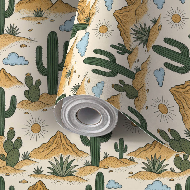 Papier peint auto-adhésif Peel and Stick Desert Mountain Cactus Sea Sky Sun, 117.6" L x 17.5" W