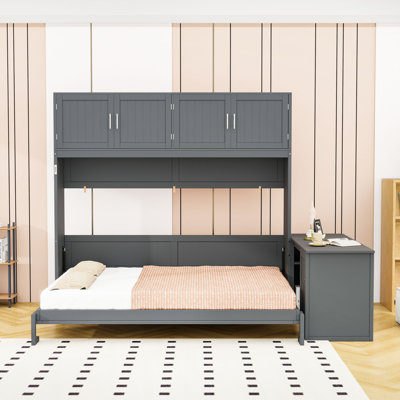 Grand lit escamotable en bois avec mécanisme hydraulique, rangement intégré et bureau polyvalent