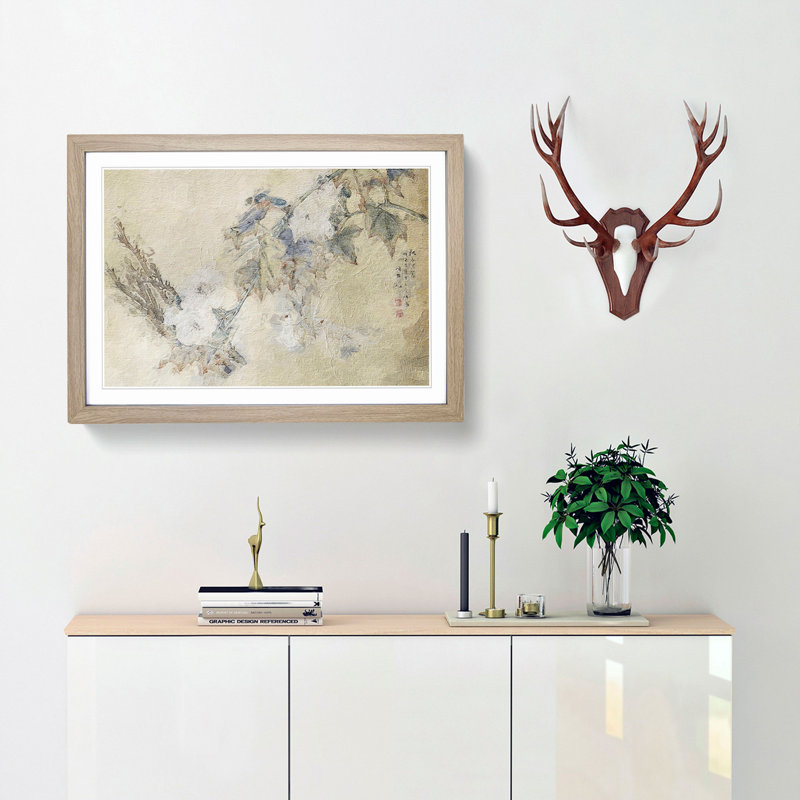 Bird and Peony Flowers - Framed Print, 24cm H x 33cm W x 2cm D, Oak Framed