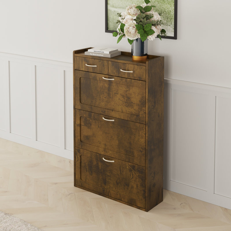 Solid Wood Shoe Cabinet, Three Layers, Flip Bucket Shoe Storage Cabinet, Brown