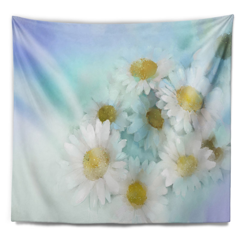 Gerbera blanc sur une tapisserie bleu clair, H 32 po x l 39 po