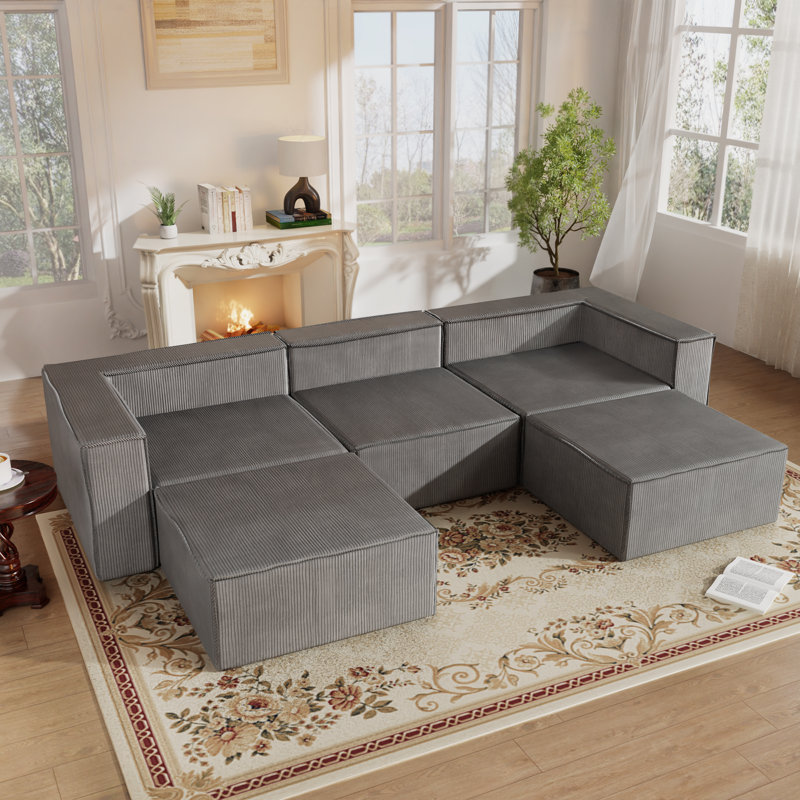 108" Modern Corduroy Combination Compression Couch No Assembly Required With Ottoman, Gray