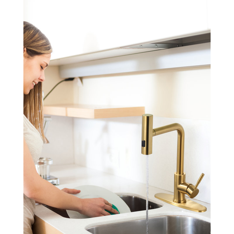 13.5 In. Single Handle Waterfall Pull Down Sprayer Kitchen Faucet With 360° Degree Spout Swivel In Brushed Gold, Gold