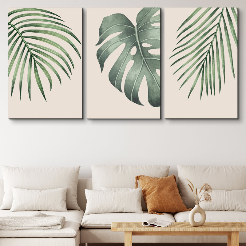 Minimal Botanical Green Tropical Island Monstera Palm Tree Leaves Picture Framed Canvas 3 Piece Print Set Wall Art