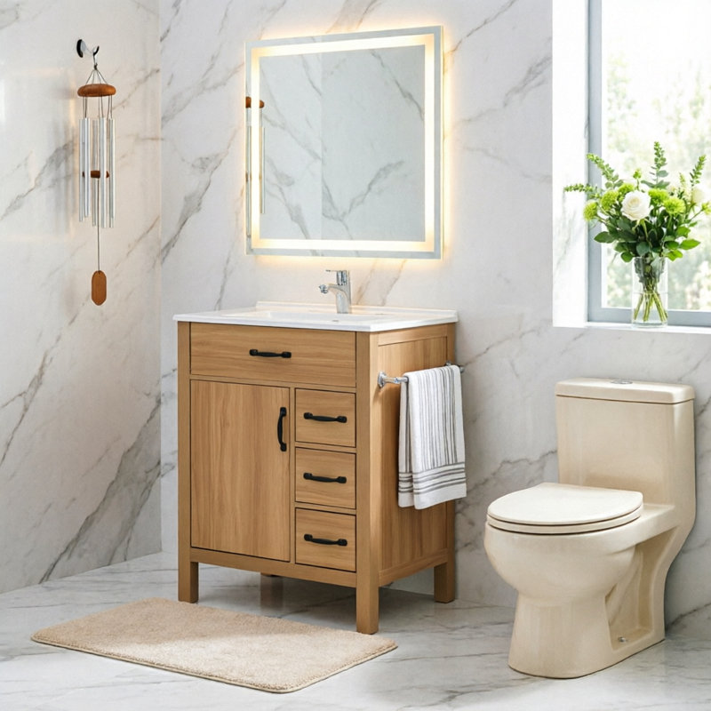 Meuble-lavabo moderne et traditionnel de 61 cm (24 po) avec lavabo en céramique, caisson en MDF, pieds en bois massif, poignées en alliage de zinc noir et finition mélaminée imitation bois.