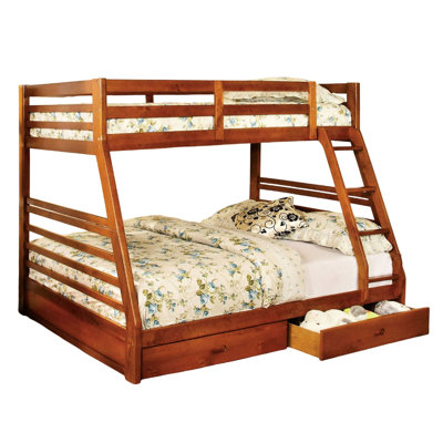 Transitional Twin Over Full Bunk Bed In Oak Finish, Two Under - Drawers And Attached , Solid Wood Main Material, Rails With Structure Style, An Construction, Safe
