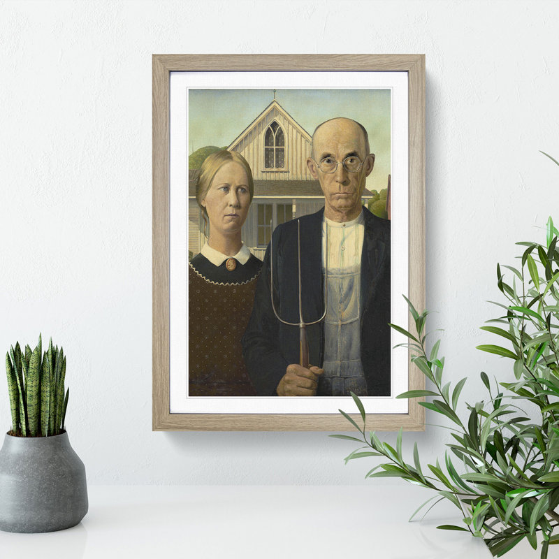 American Gothic by Grant Wood - Picture Frame Painting, 65cm H x 48cm W x 2cm D, Oak Framed