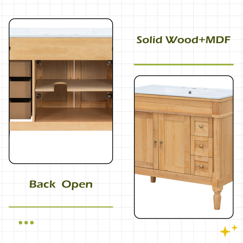 Meuble-lavabo 36 po avec lavabo en céramique, tablettes réglables, armoire de rangement moderne pour petites et moyennes salles de bain