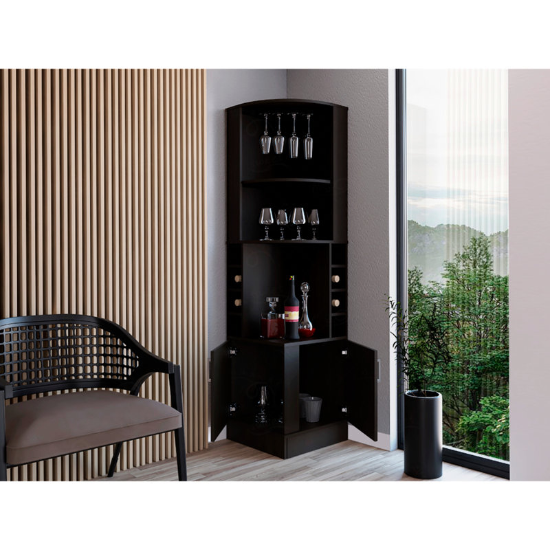 Armoire de bar d'angle, avec deux tablettes en haut, 1 porte-verre, 8 porte-bouteilles extérieurs