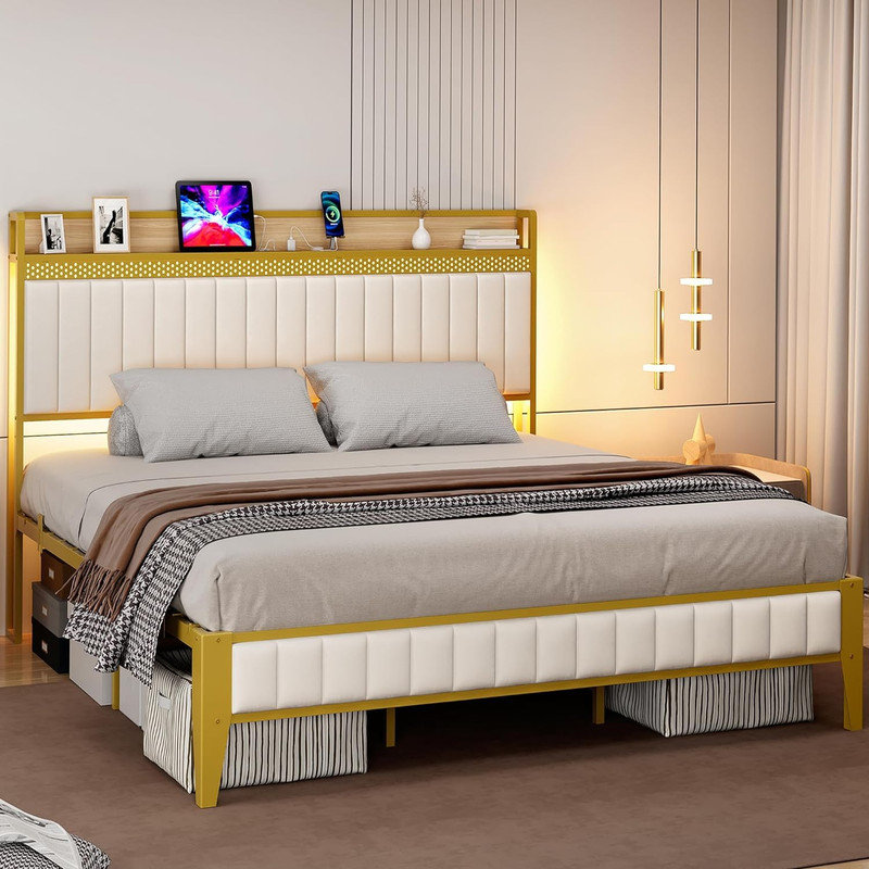 Alicia Upholstered Platform Bed, Full, White/Gold