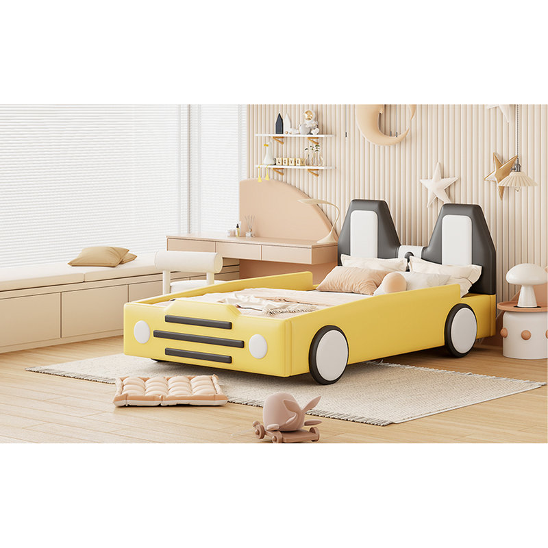 Lit simple en forme de voiture de course avec roues - pour des années d'utilisation, Jaune