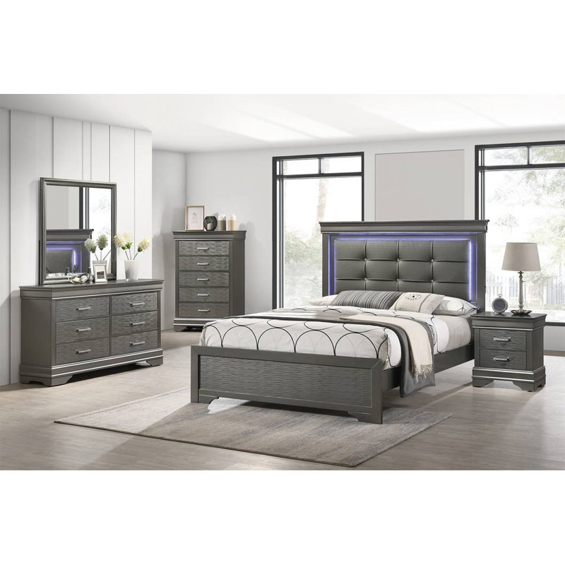 Mobilier de chambre à coucher moderne à 6 tiroirs avec commode moderne en bois gris, Gris
