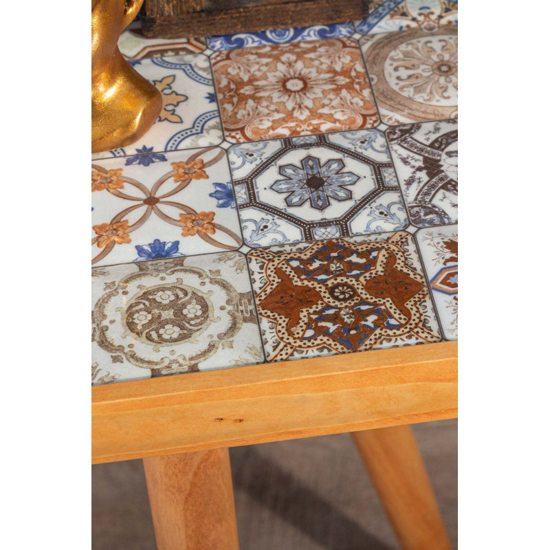 Canora Grey Side Coffee Table End Table Accent Table Home Essentials Solid Wood Tile Ceramic Table, Beech