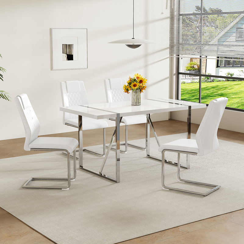 Ensemble de table de salle à manger de 55 po, table et chaises de cuisine en bois avec plateau en panneau de fibres à densité moyenne laqué épais, structure en métal robuste et chaises en similicuir