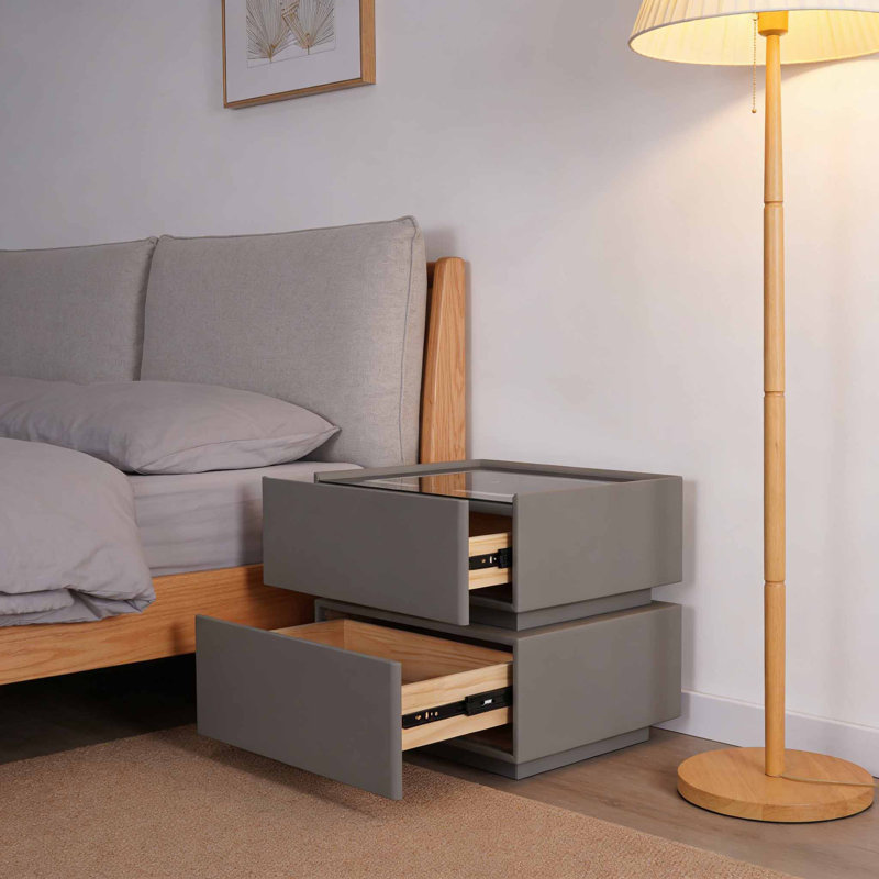 Table de chevet intelligente à 2 tiroirs avec éclairage DEL et recharge sans fil, Gris